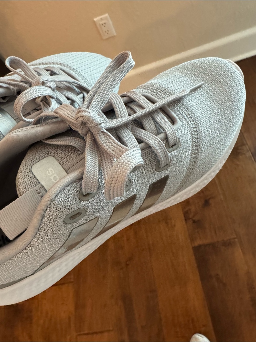adidas Women’s Light Gray Knit Lace-Up Sneakers with Metallic Stripes